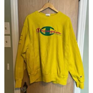 Yellow Champion Reverse Weave Heavyweight Sweatshirt Embroidered Large Neon